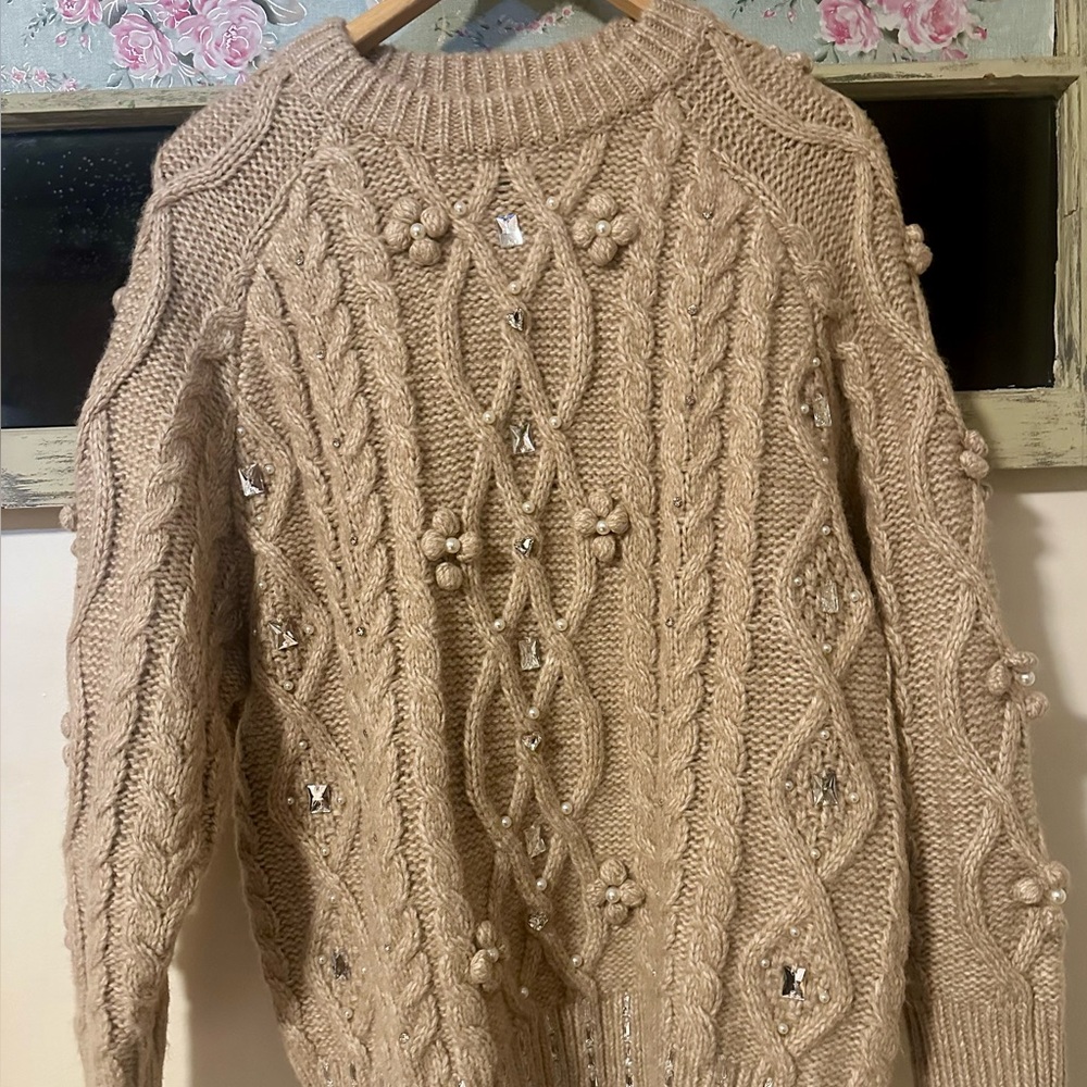 Zara Embellished Cable Knit Sweater - Tan